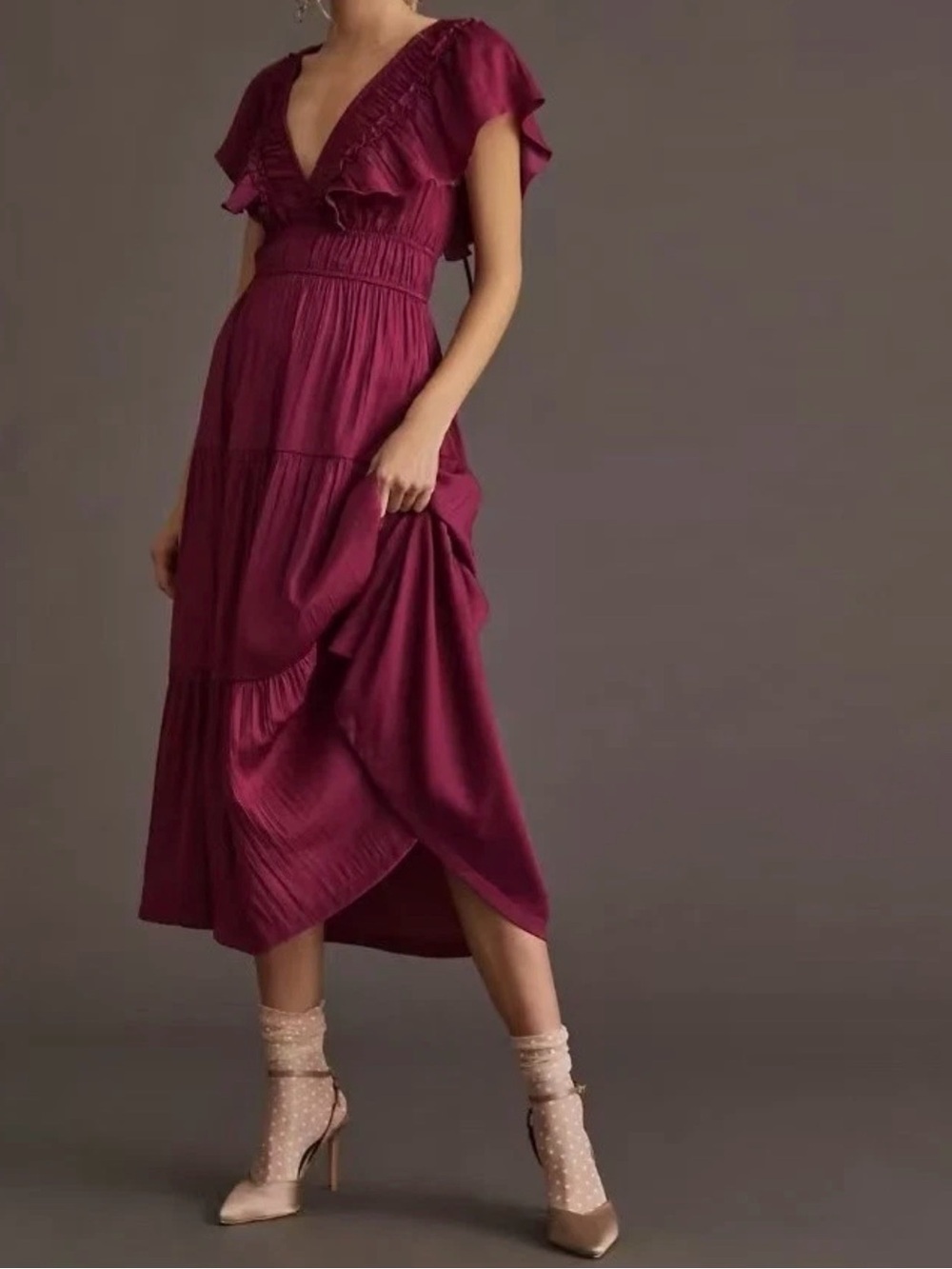 Anthropologie Berry Ruffle V-Neck Midi Dress